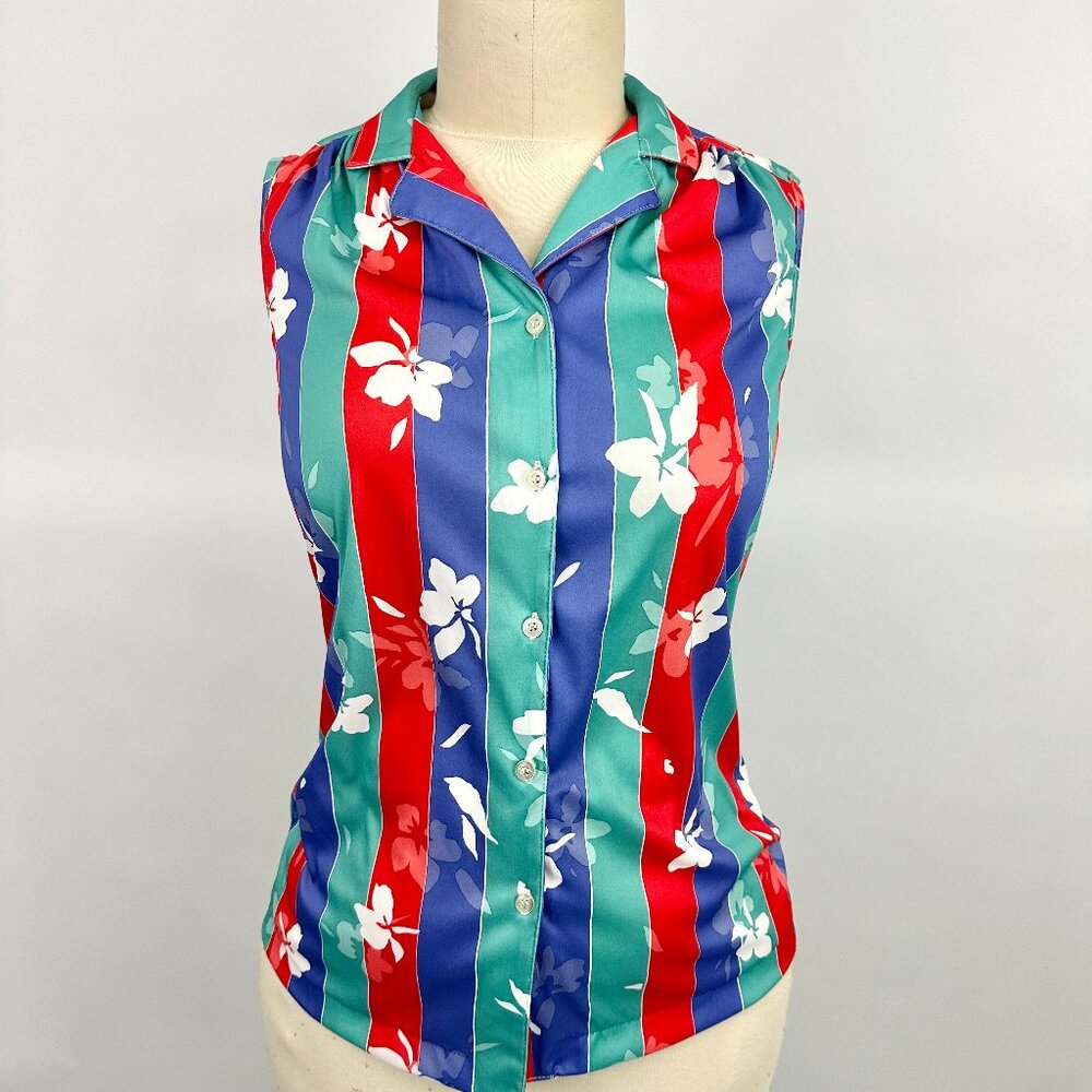 70s Vintage Blouse | Sleeveless | Flowers | Large Stripes | Size L | The Shirt